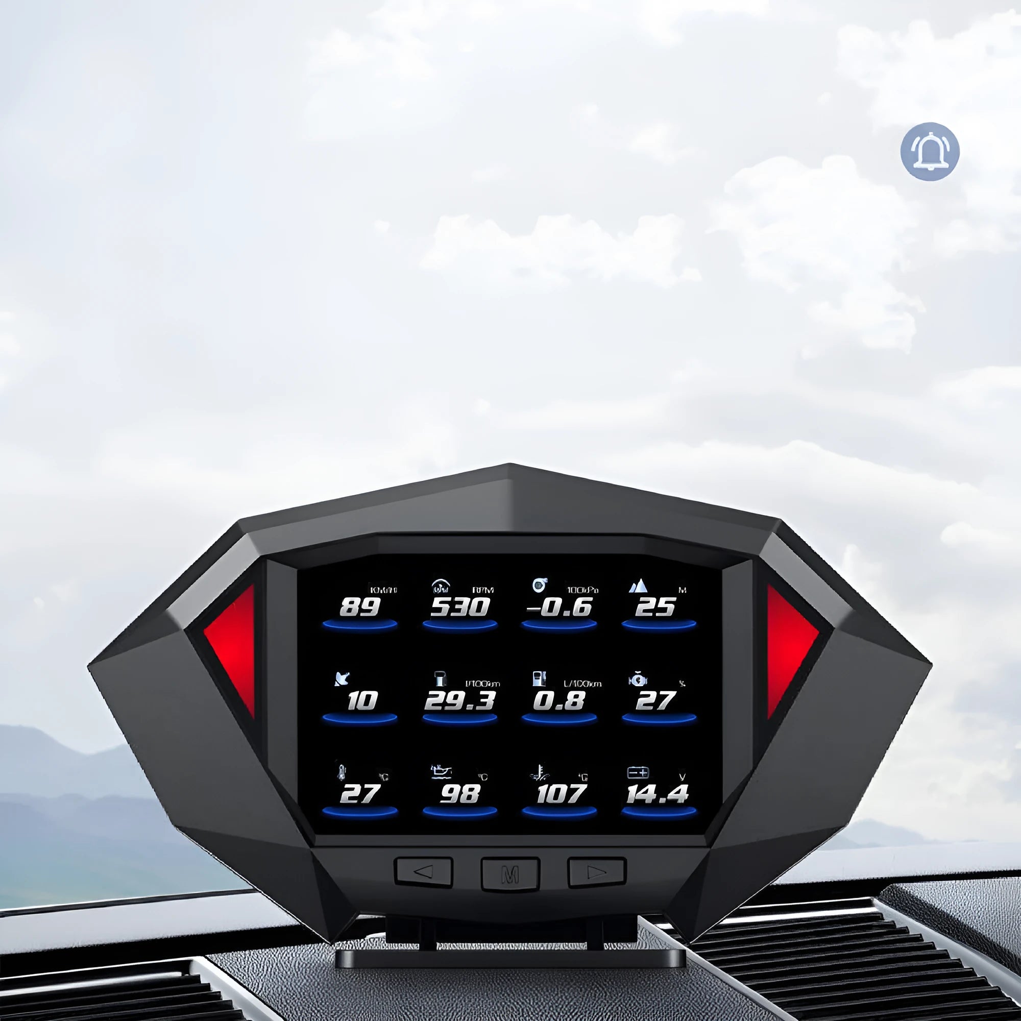 Black vehicle head-up display unit with LCD screen on a car dashboard.
