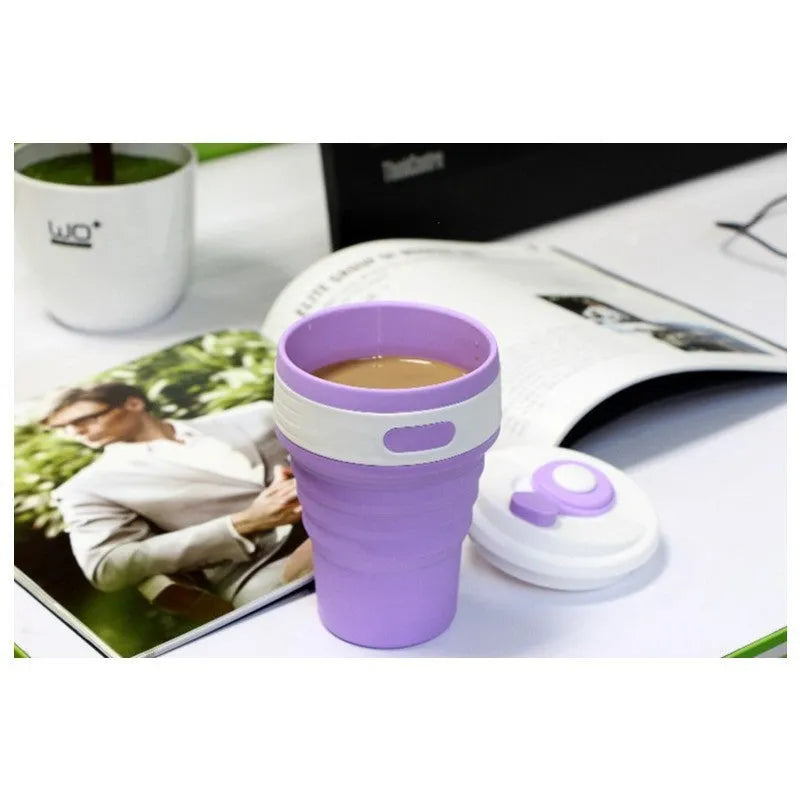 Green collapsible silicone travel cup showing folded and expanded states with leak-proof cover