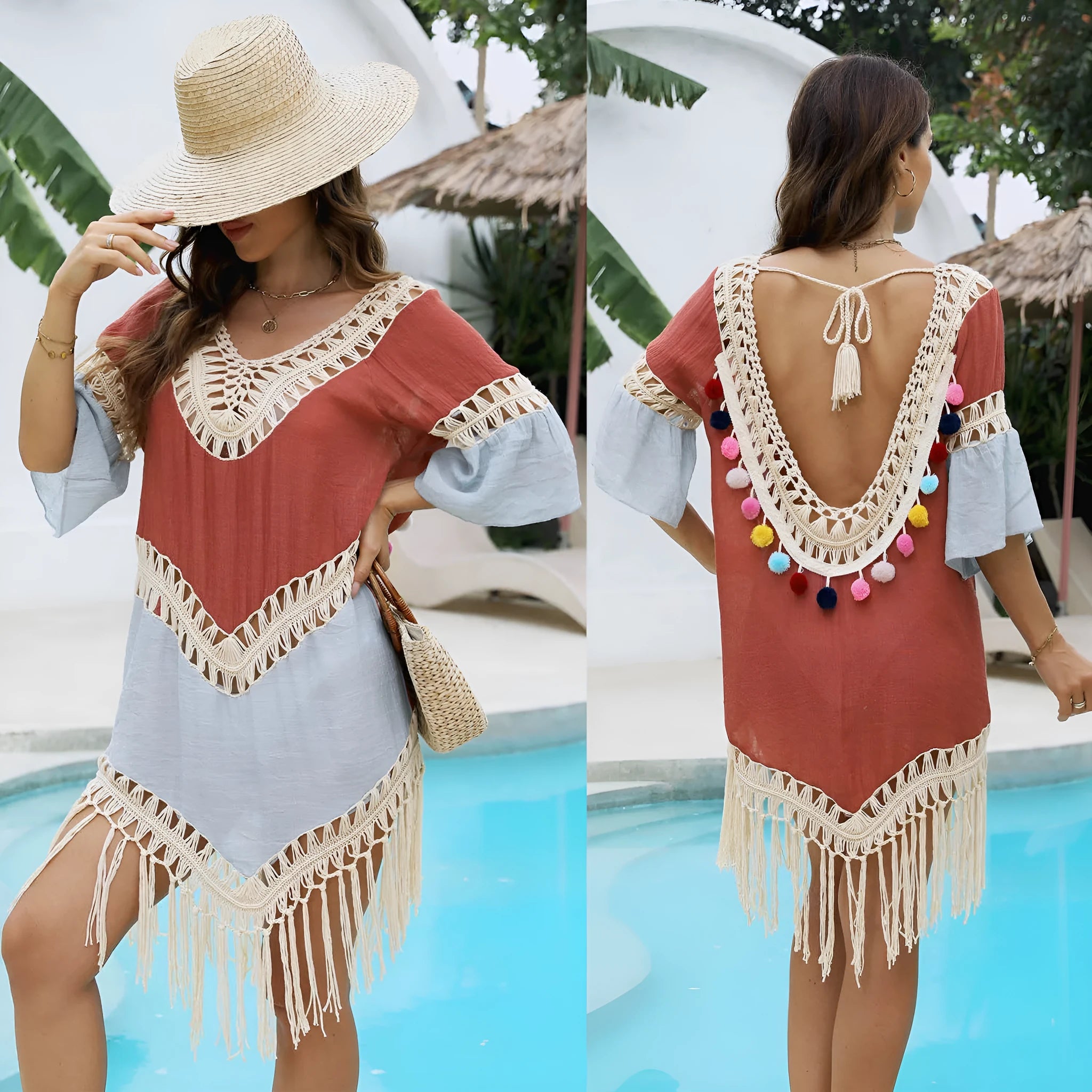 Orange beach overskirt with hand crochet floral pattern and bamboo cotton tassel detailing on mannequin