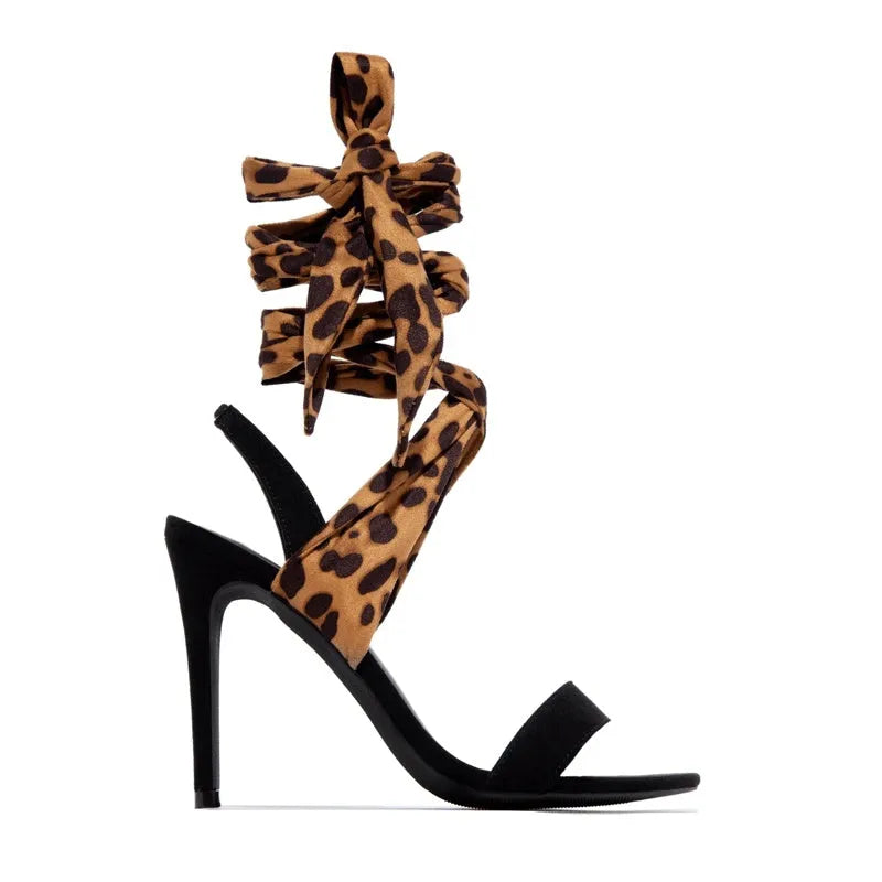 Light brown leopard print women's high heels with Roman style cross straps and fine heel
