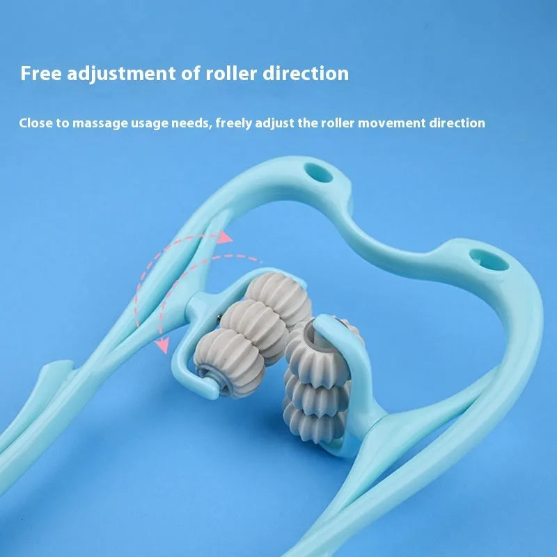 Blue plastic handheld massager with six rotating wheels for neck, shoulder and waist.