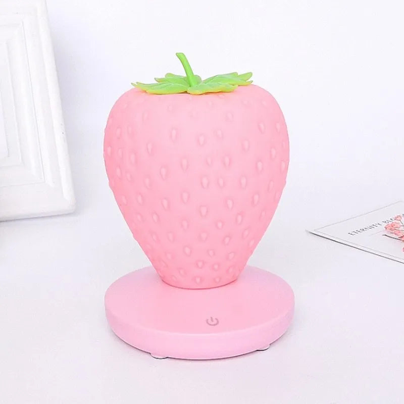 Strawberry-shaped silicone night light with USB charging, touch control, and LED glow, 10cm tall