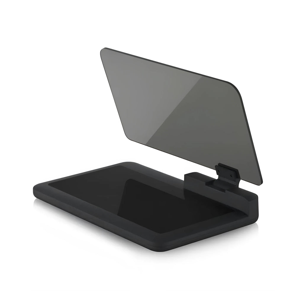 Grey universal smartphone navigation holder with organic glass panel for car centre console.
