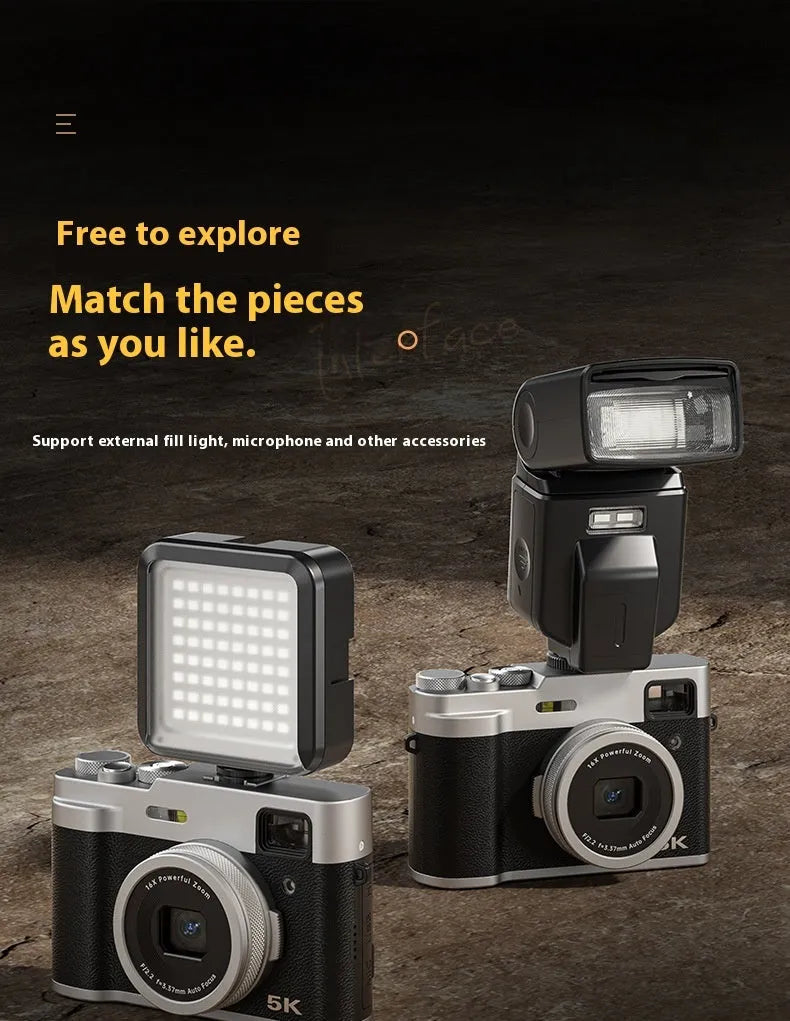 Black or brown 5K digital camera with front and rear lenses and an optical viewfinder on top.