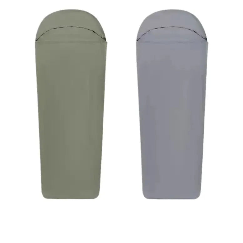 Blue nylon mummy camping sleeping bag showing tapered design and matt nylon fabric texture