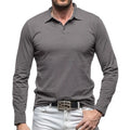 Men's long sleeve polo collar cotton t-shirt in dark grey, American retro style.