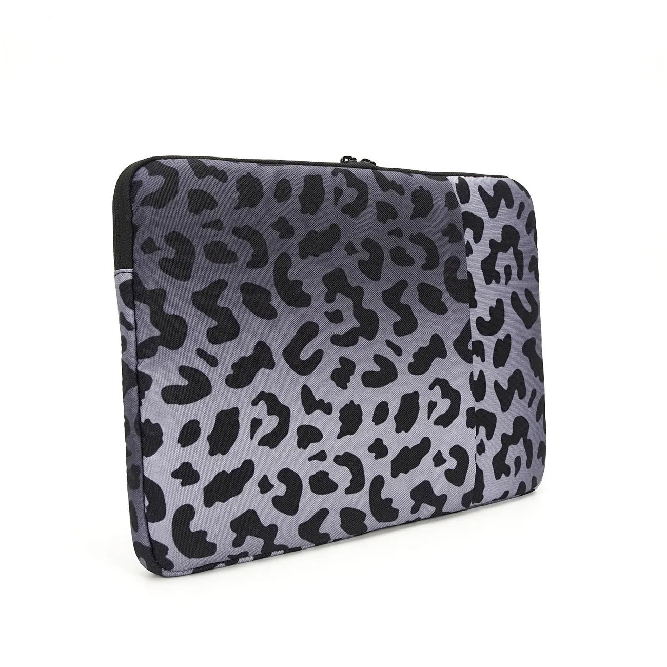 Leopard print flannel lined laptop sleeve for 13-inch to 16-inch devices with waterproof polyester exterior.