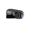 Portable USB clock speaker with digital display showing time, extra bass feature and Bluetooth/FM radio functions