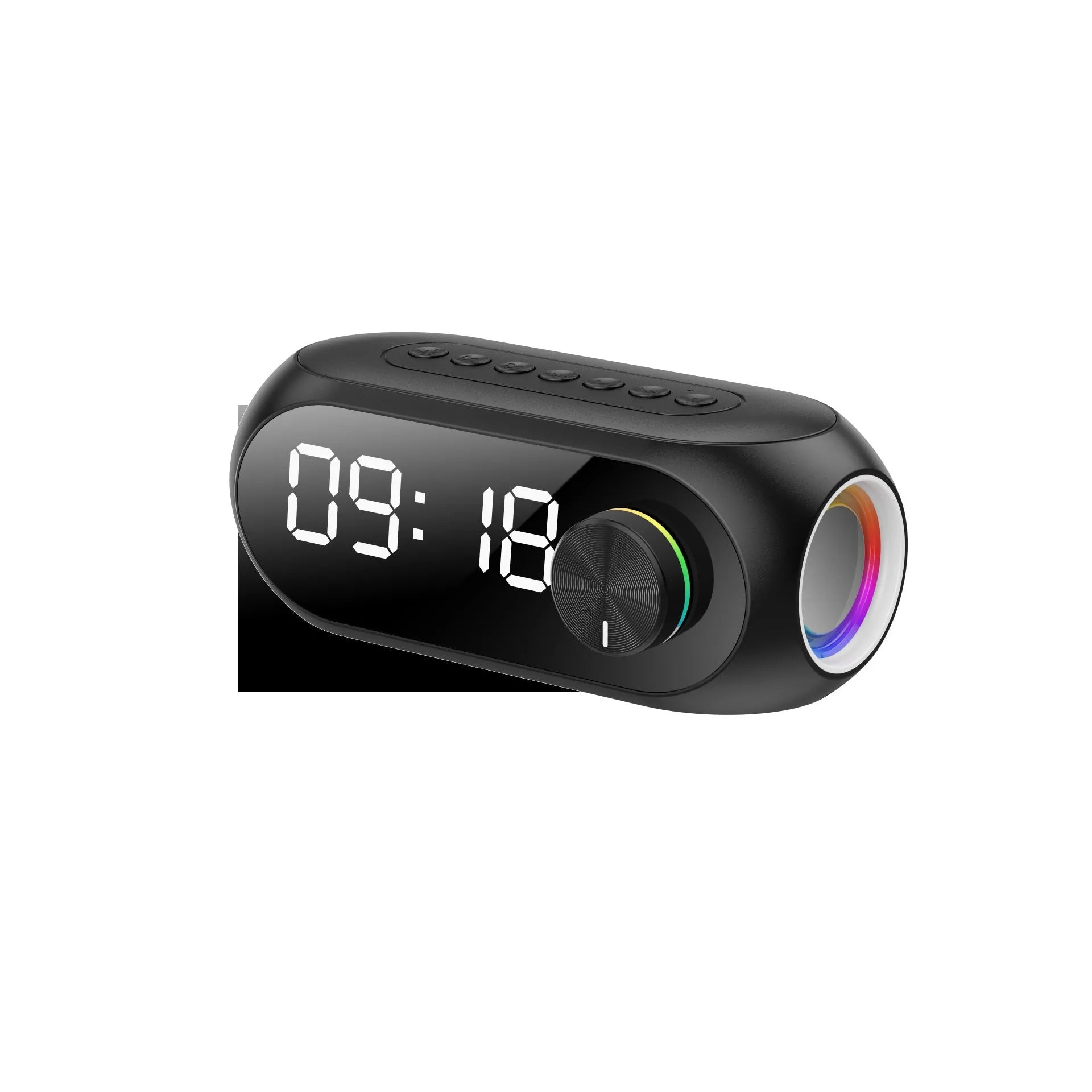 Portable USB clock speaker with digital display showing time, extra bass feature and Bluetooth/FM radio functions