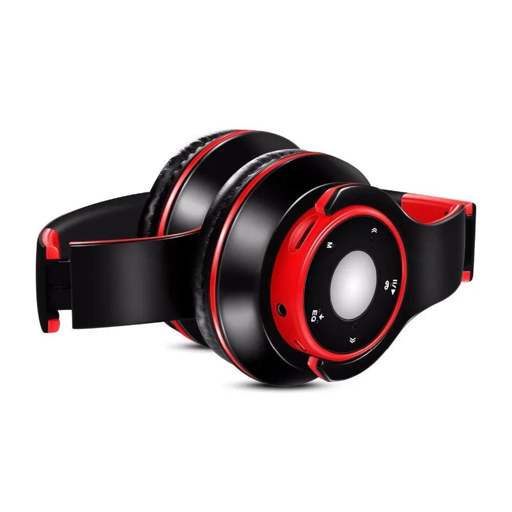 Foldable wireless Bluetooth headset with adjustable hinges in blue, red, or rose red colours