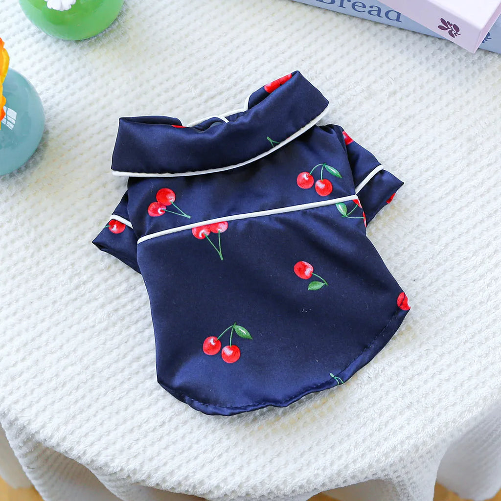 Pet pyjamas in cherry print, polyester small dog and puppy clothing in navy blue or white, sizes XS to 2L