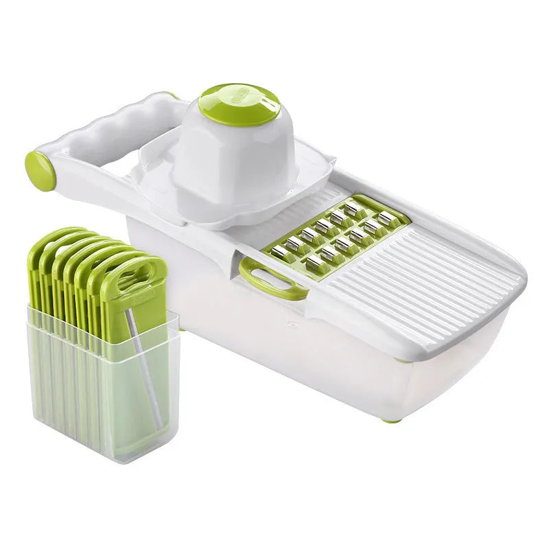 Multifunctional vegetable cutter mandoline with 30+ slicing options, 32x12x6.3cm, in orange, green or grey