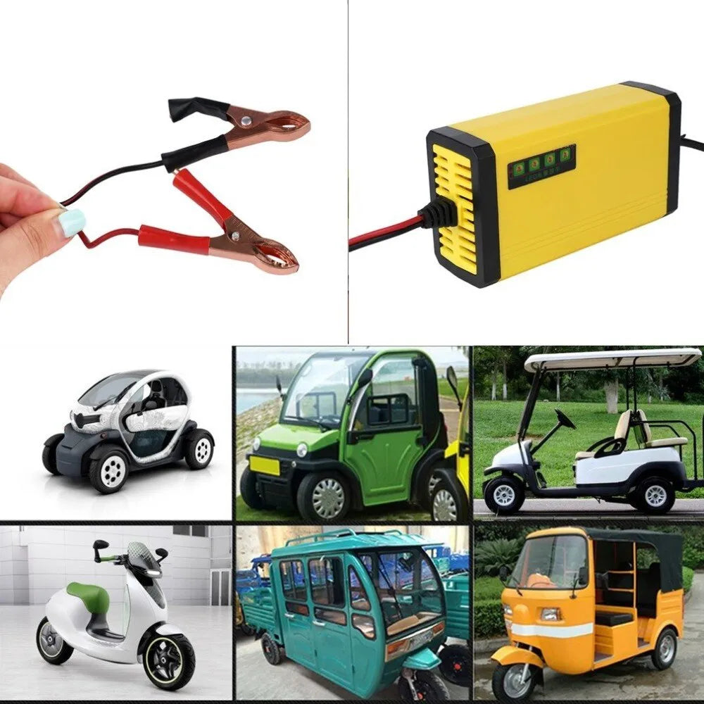 Yellow ABS motorcycle battery charger with alligator clips and 80cm input cable on a white background