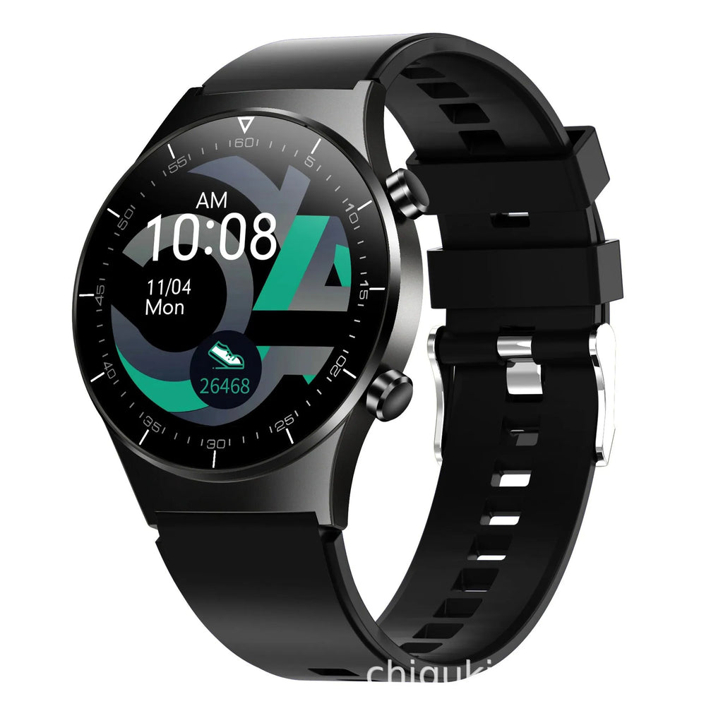 Black smart watch with 1.28 inch screen and TPU sports bracelet for health monitoring.