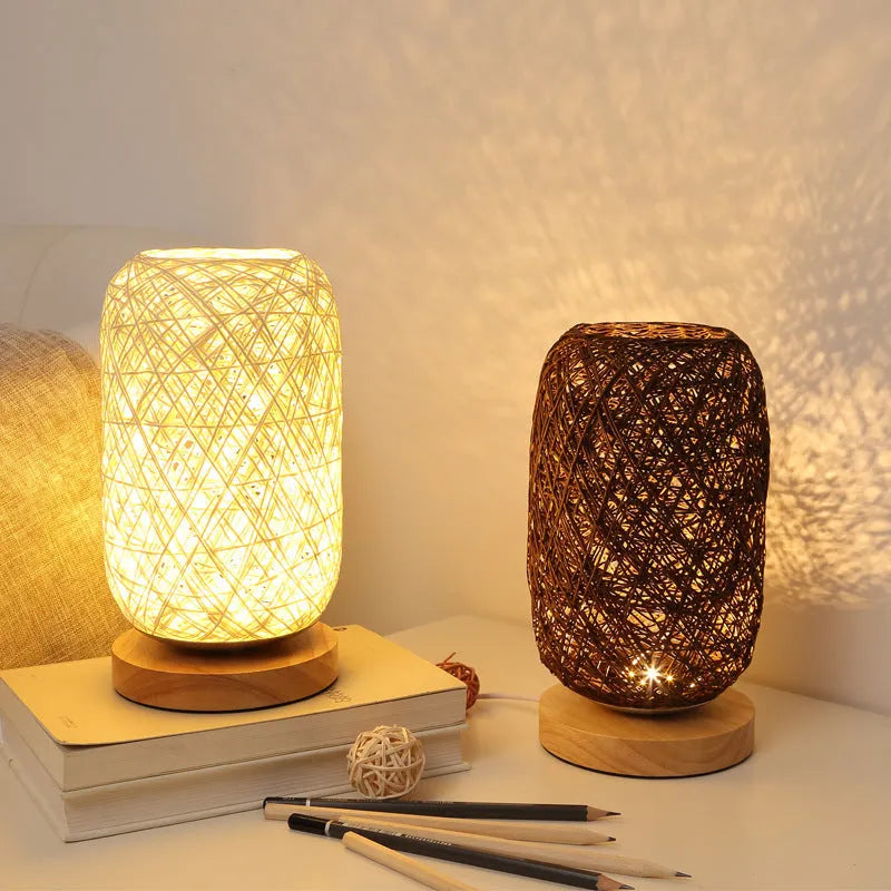 Natural hemp rope Sepak Takraw desk lamp with solid wood base
