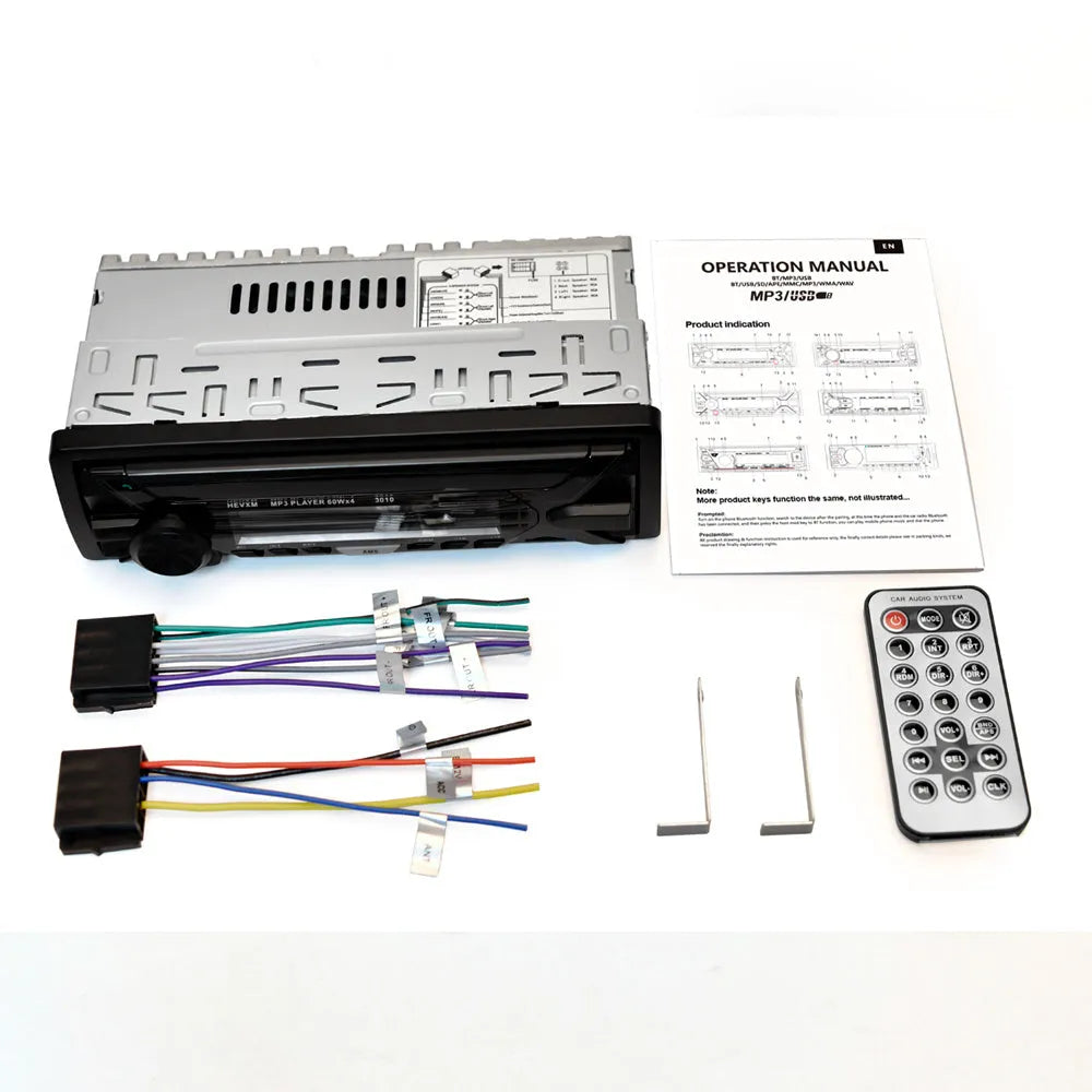 Car stereo MP3 player unit with Bluetooth, LCD display, USB/TF slots, and control buttons