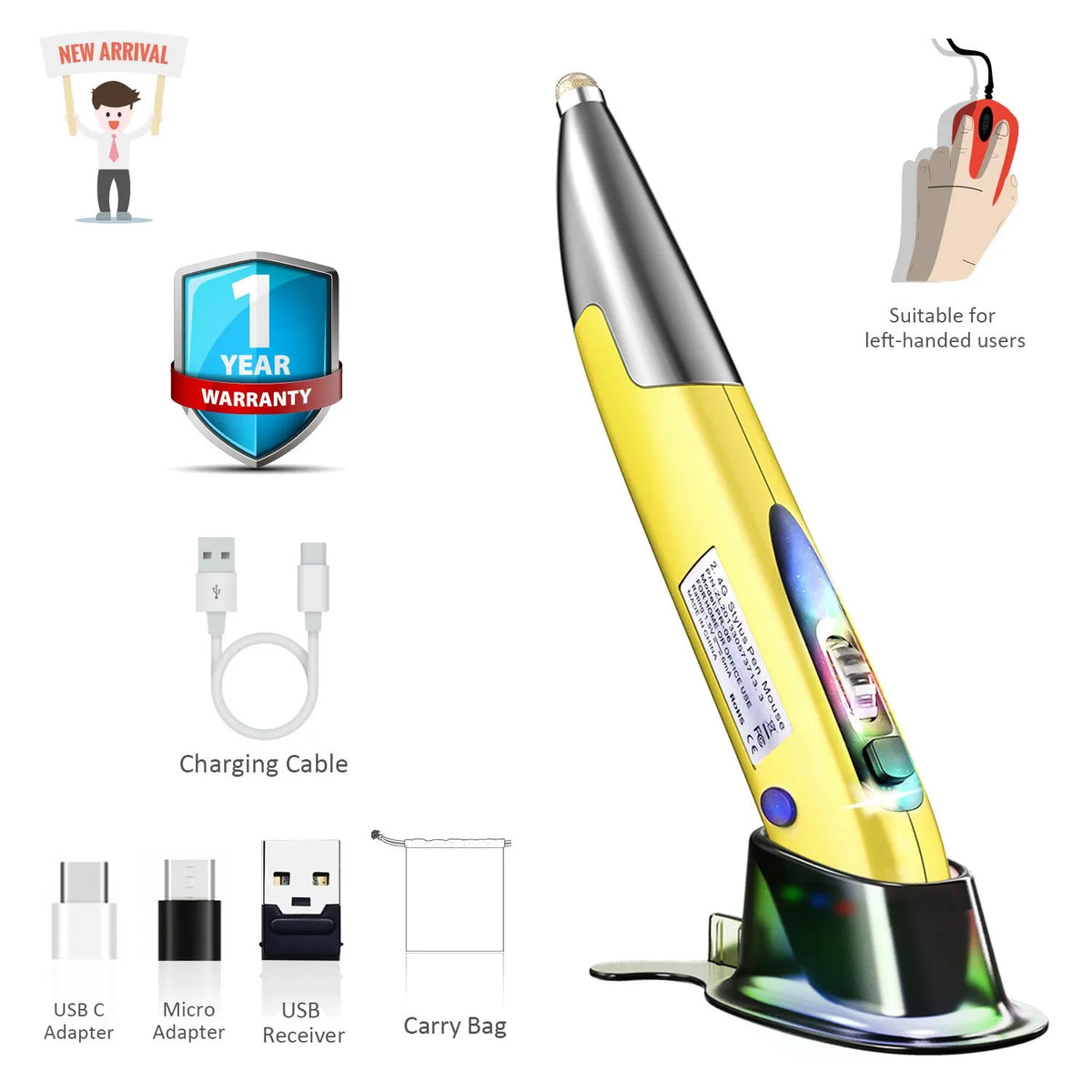 Creative vertical pen mouse wireless 1600DPI in red with NANO receiver on white background