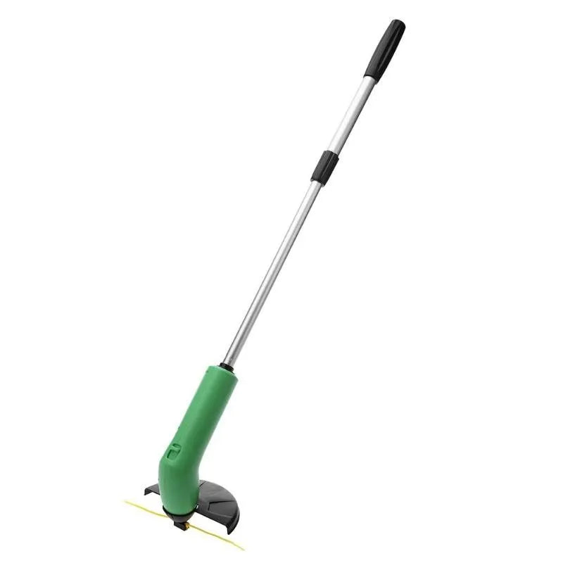Cordless zip tie lawn trimmer with extension pole and protective debris shield on grass.