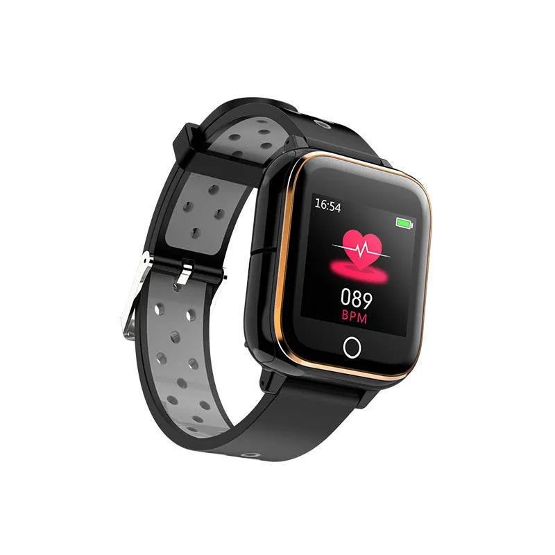 Black smartwatch with detachable Bluetooth earbuds stored in the watch case.