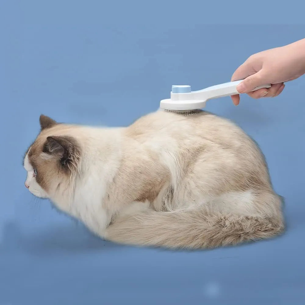 Blue self-cleaning cat brush with rubber handle and button for one-click hair removal.
