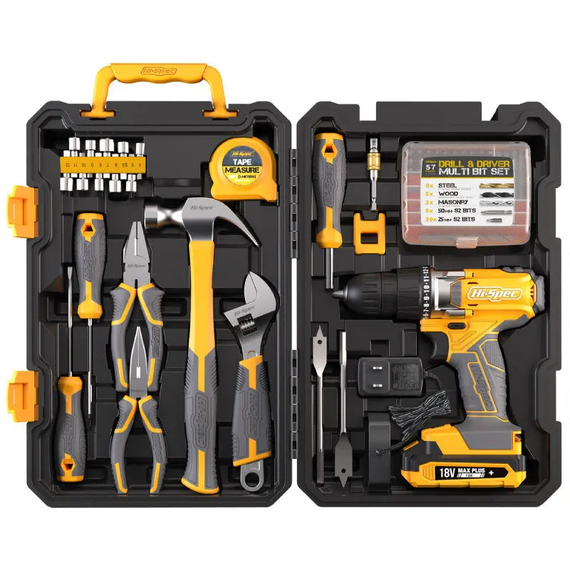Grey yellow toolbox with 82-piece hardware tool set for furniture installation