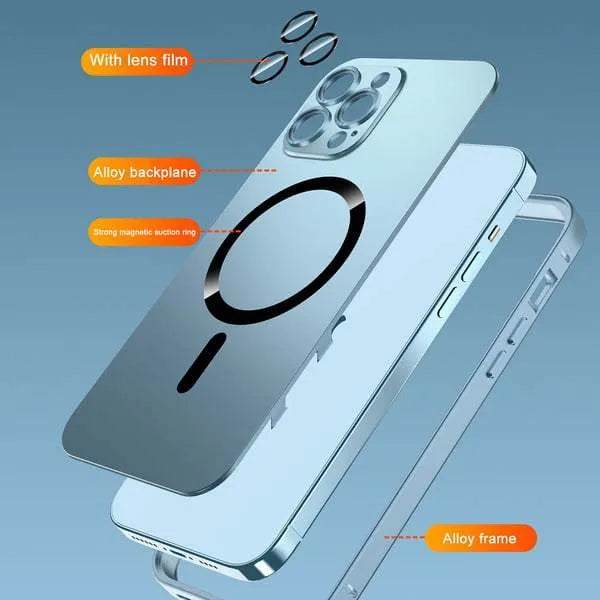 Aluminium alloy frame iPhone case with magnetic closure showing lens protector detail