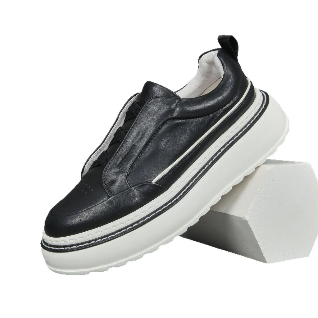 Black breathable first layer cowhide slip-on sneaker with elastic band foam sole low top platform mid heel round toe