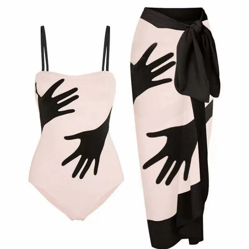 Women's one-piece bikini swimsuit with a gauze skirt overlay in one-piece bikini colour.
