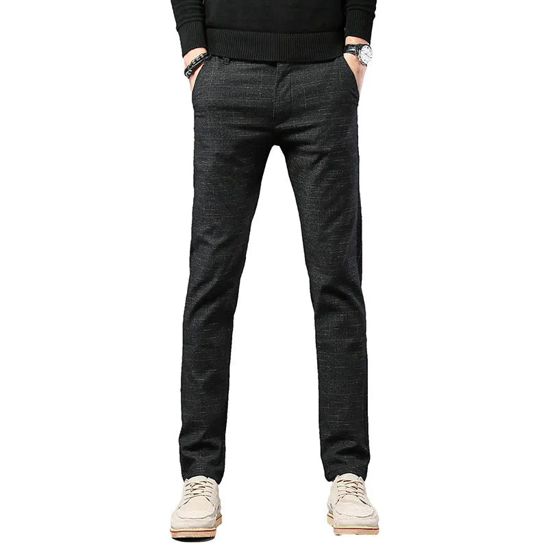 Men's slim casual trousers in polyester fibre, available in black, blue and grey, sizes 28 to 38.