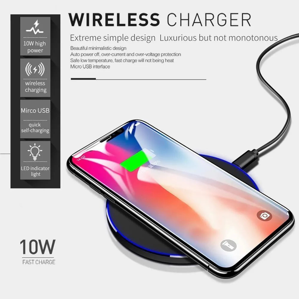 Ultra-thin black wireless fast charging pad measuring 98mm square with USB cable