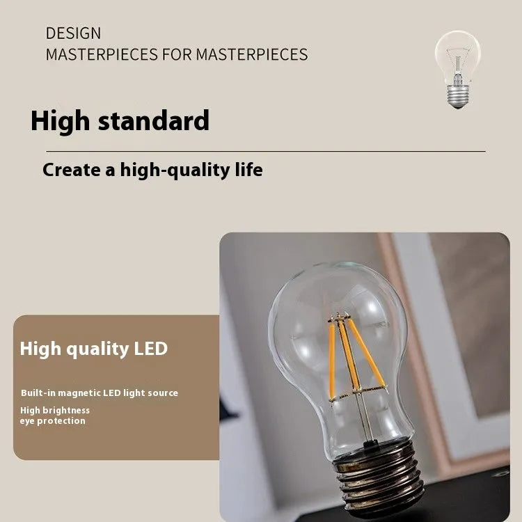 Creative suspension bulb night lamp with iron art construction on wood grain base