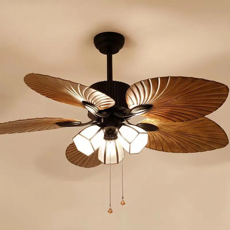Retro ceiling fan light with wooden blades and three copper lampshades hanging from ceiling