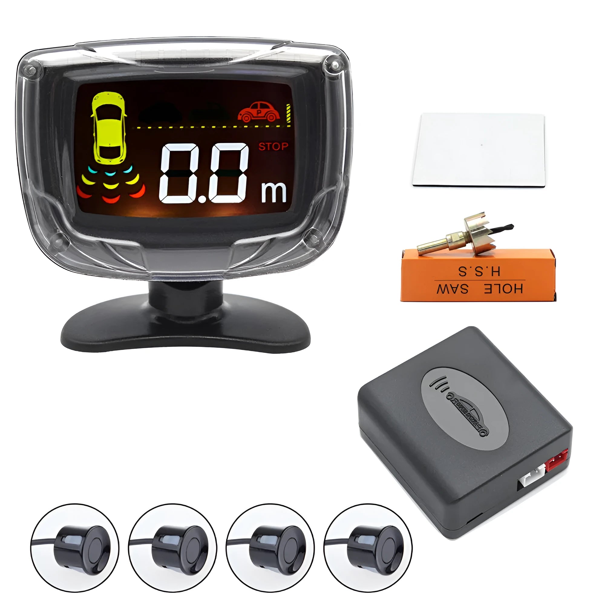 Wireless vehicle reversing sensor kit with 4 probes, control unit, and LED display with distance indicators