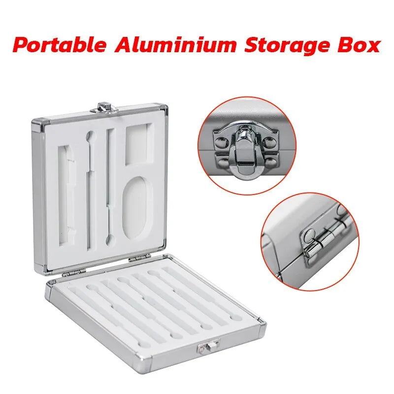 Silver aluminium soldering iron storage case with carrying handle showing compact dimensions