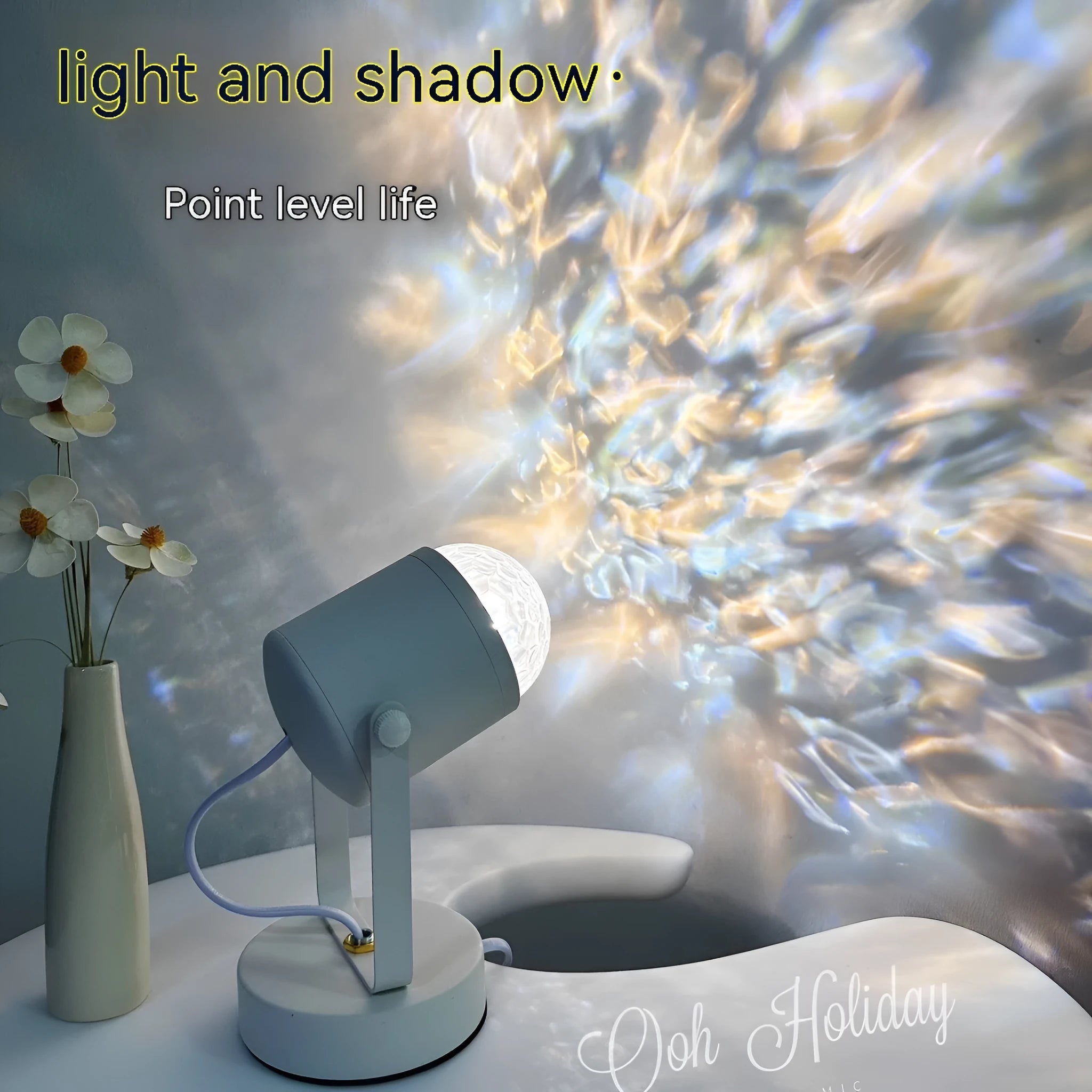 Dynamic water ripple ambience table lamp for ceiling or desktop use with metal holder.