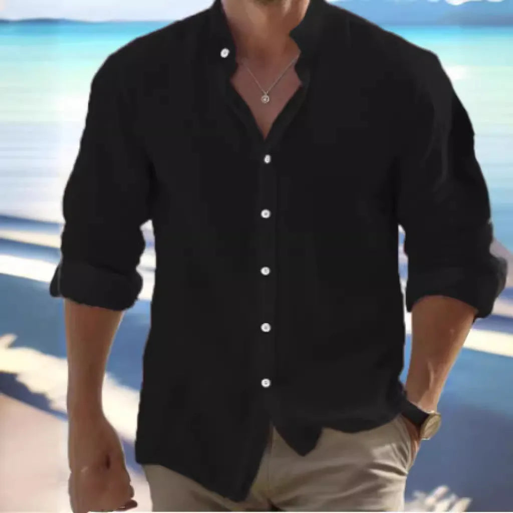Man wearing a light grey long-staple cotton pullover summer shirt with casual stitching details.