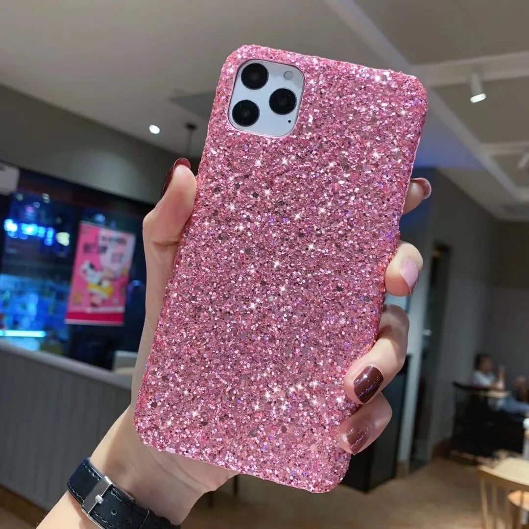 Glitter sequin PC phone case for iPhone models with raised camera frame in black colour option