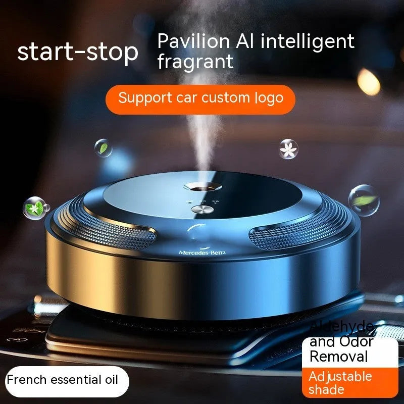Compact zinc alloy car perfume diffuser with automatic spray function on an anti-slip pad.