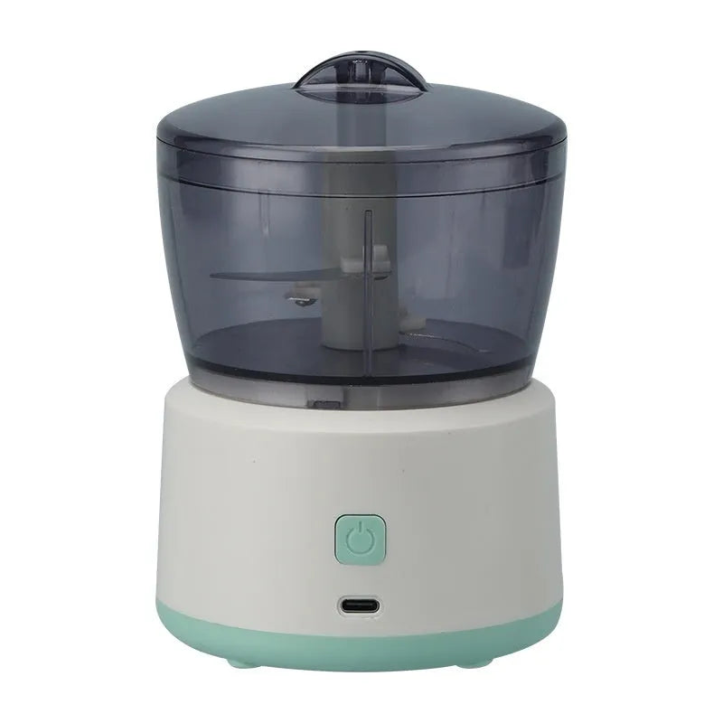 Mini electric meat grinder with transparent 225ml cup, stainless steel blades, USB charging port in white or light green