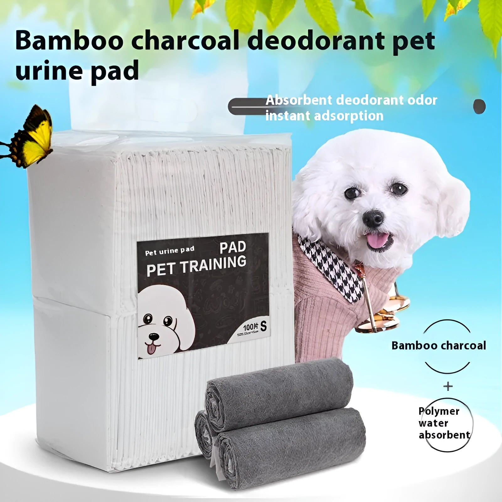 Pack of disposable pet urine pads showing different sizes and the bamboo charcoal deodorising model.