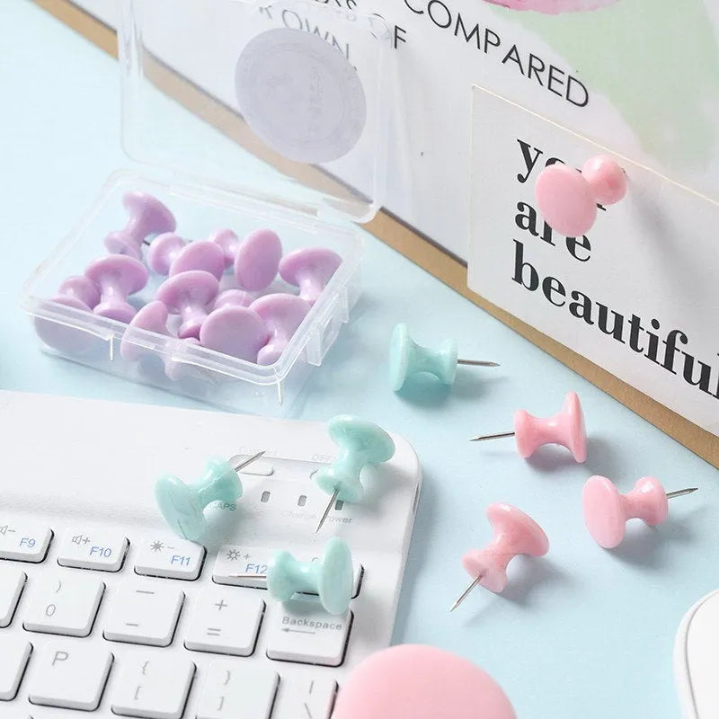 Macaron colour plastic push pins in cherry blossom pink, mint green, and lavender with large and small sizes