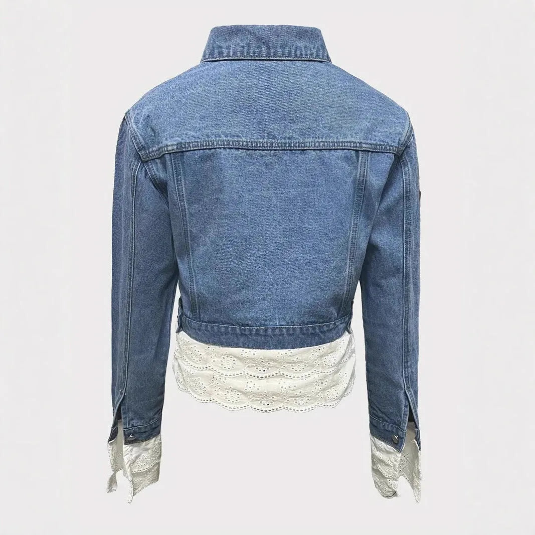 Blue women's denim jacket with white lace stitching details on the front, showing long sleeves.
