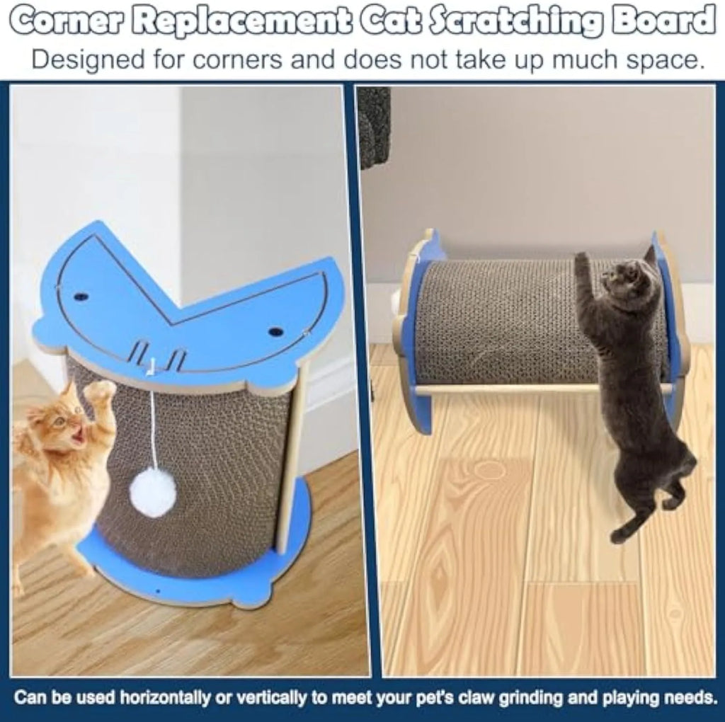 Corner-shaped cardboard cat scratching pad with a hanging ball attached, placed in a room corner.
