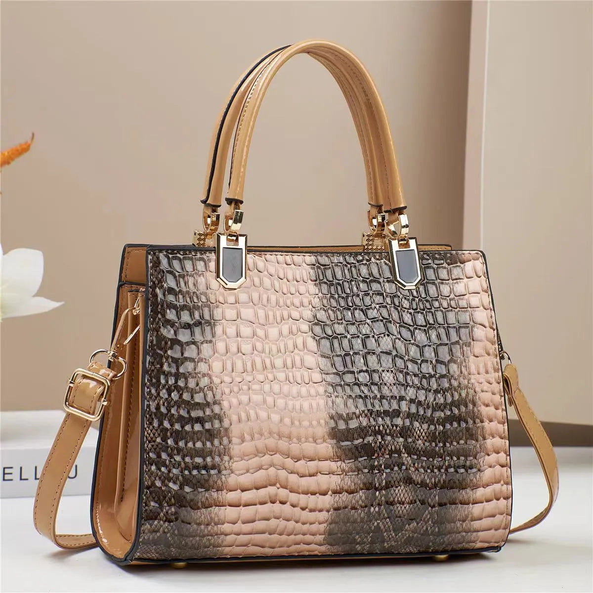 Women's large capacity one shoulder PU leather mom bag in khaki colour with multiple internal compartments