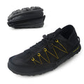 A pair of orange folding outdoor hiking shoes with a mesh upper and a prominent side zipper, shown in a collapsed state.