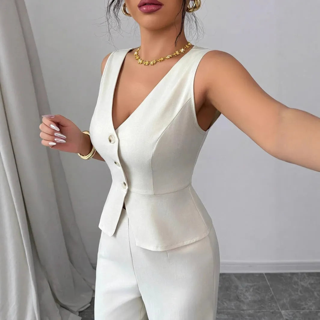 Women's sleeveless vest and high-waist trousers two-piece set in solid colour polyester fabric