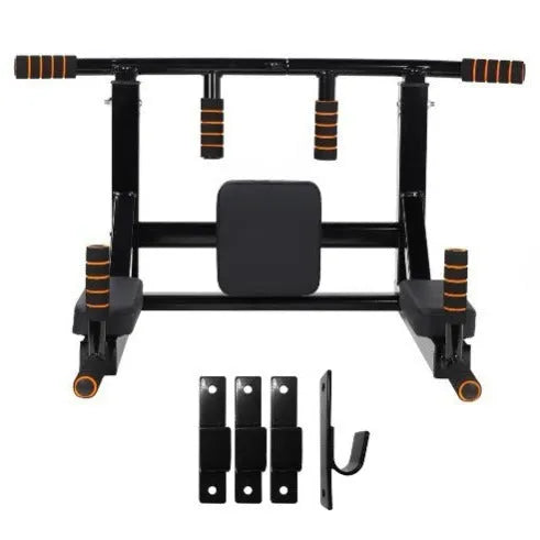 Black wall-mounted fitness equipment with sandbag rack and parallel pull-up bars measuring 77x47x11cm