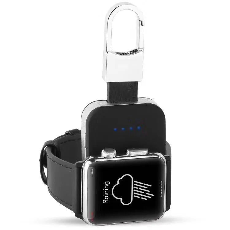 Black portable Apple Watch wireless charger with keychain loop and built-in battery