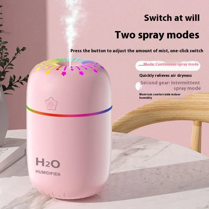 Compact white USB desk humidifier with 300ml water tank measuring 75x75x116mm
