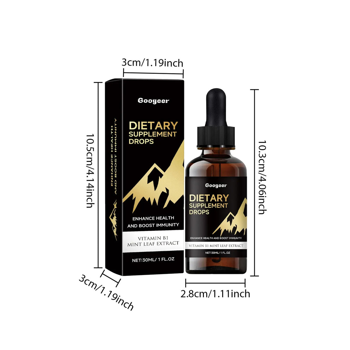 Glass dropper bottle containing amber liquid dietary supplement drops for amino acids and vitamin B12.